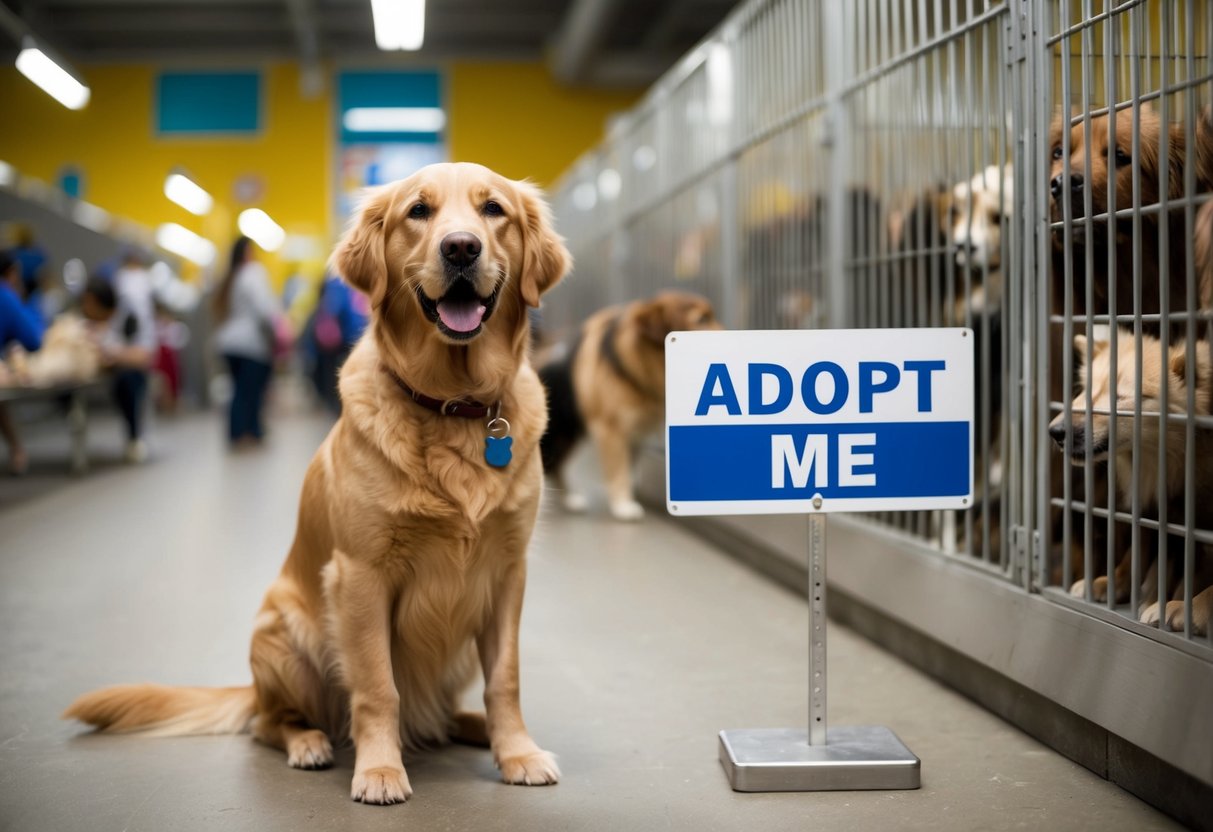 A golden retriever with a wagging tail sits beside a "Adopt Me" sign at a crowded animal shelter
