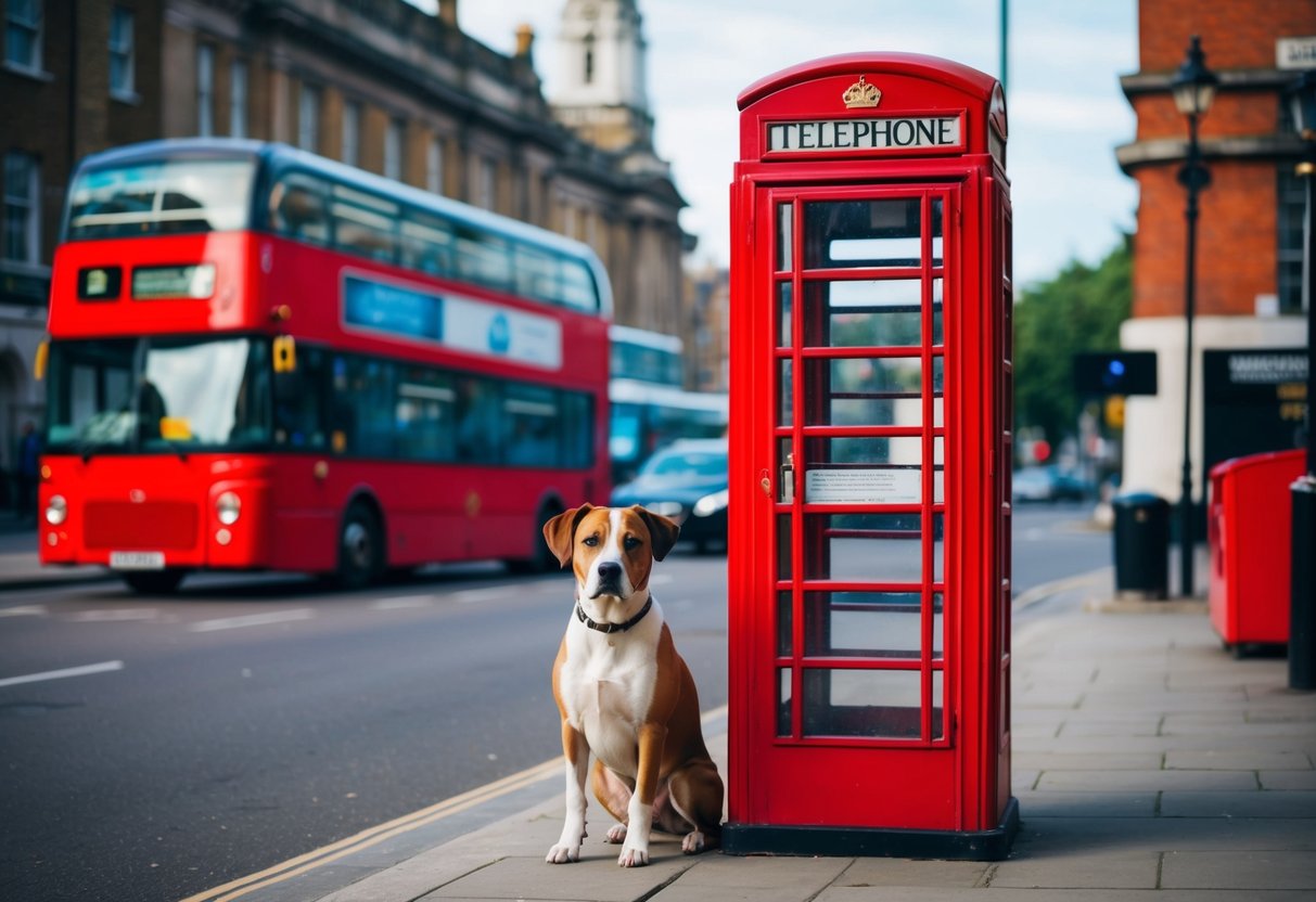 A dog sitting next to a red telephone booth with a double-decker bus in the background