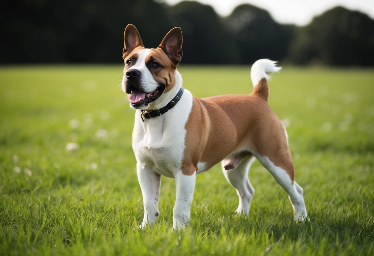 A British dog standing in a green field, with a collar and wagging tail
