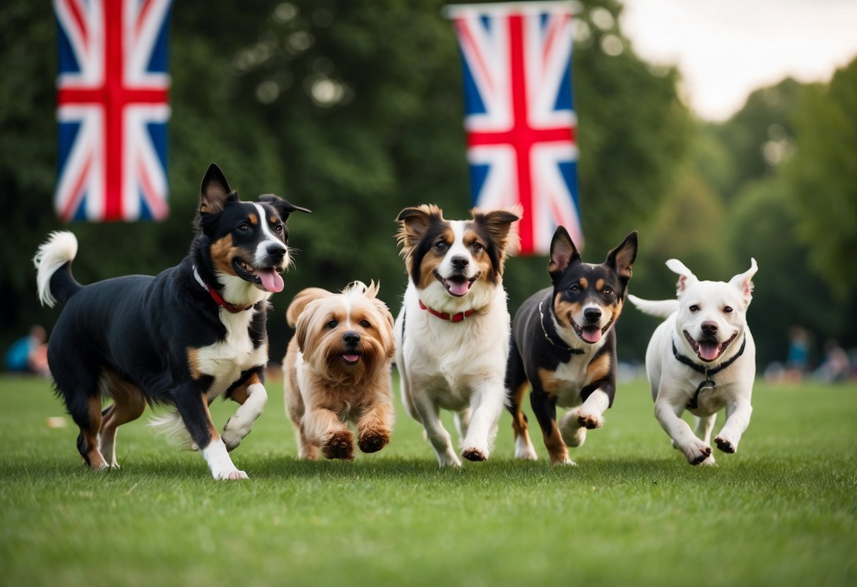 A group of dogs of various breeds and sizes playing in a park, with a British flag in the background