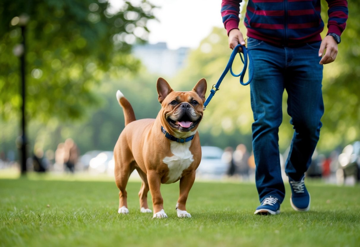 A British person affectionately calls their dog a "pooch" while walking it in the park