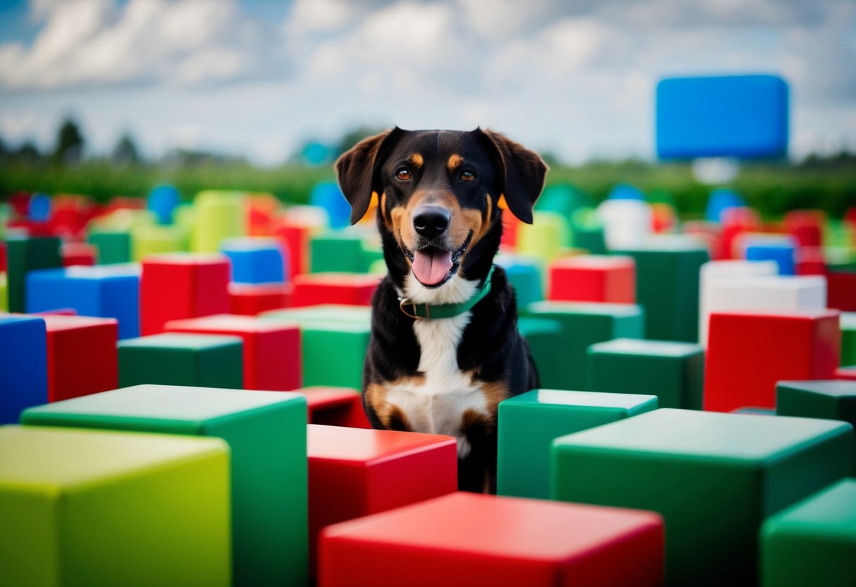 A dog surrounded by various shades of green and red objects, with a blue object in the distance