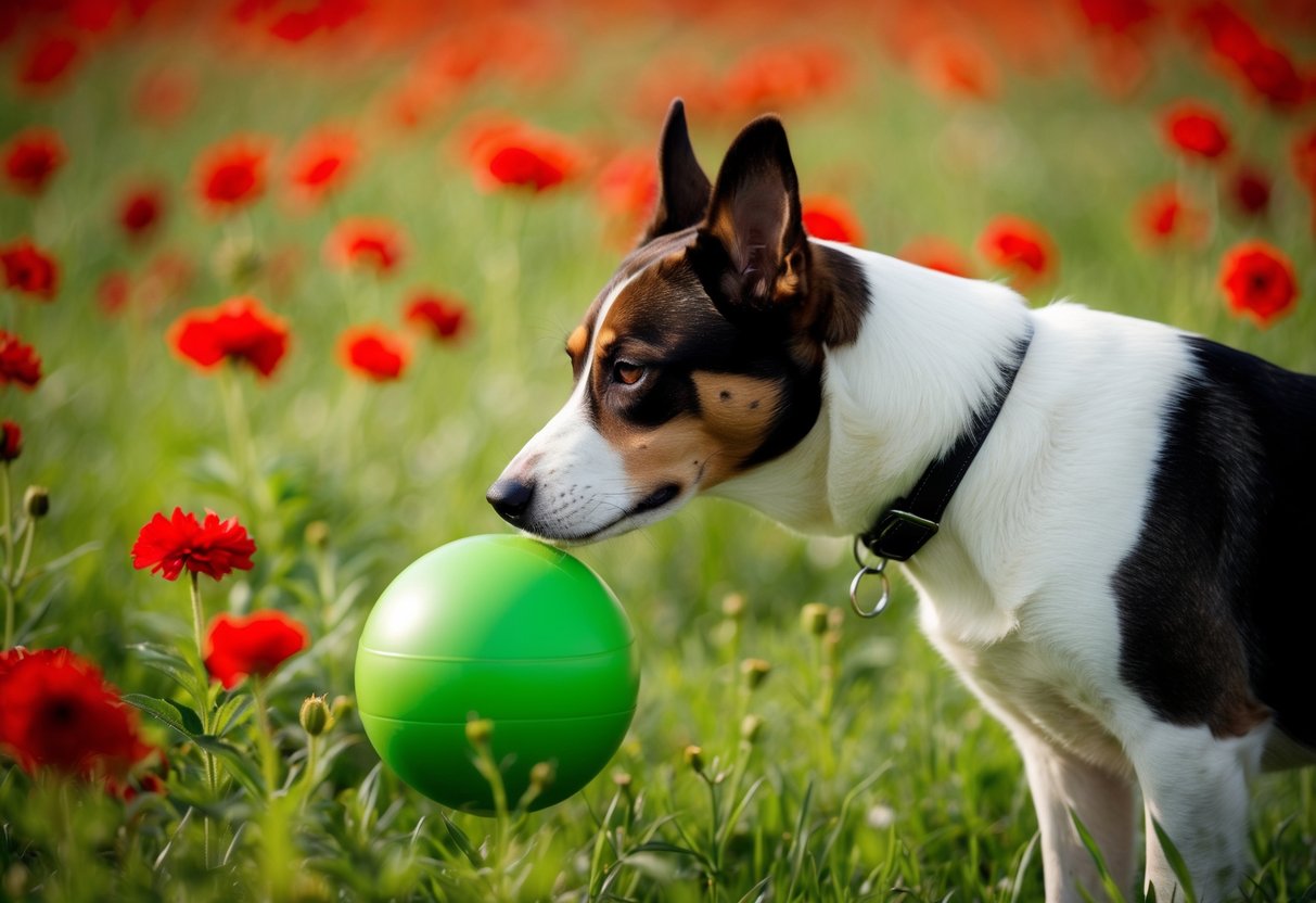 A dog staring at a green ball in a field of red flowers