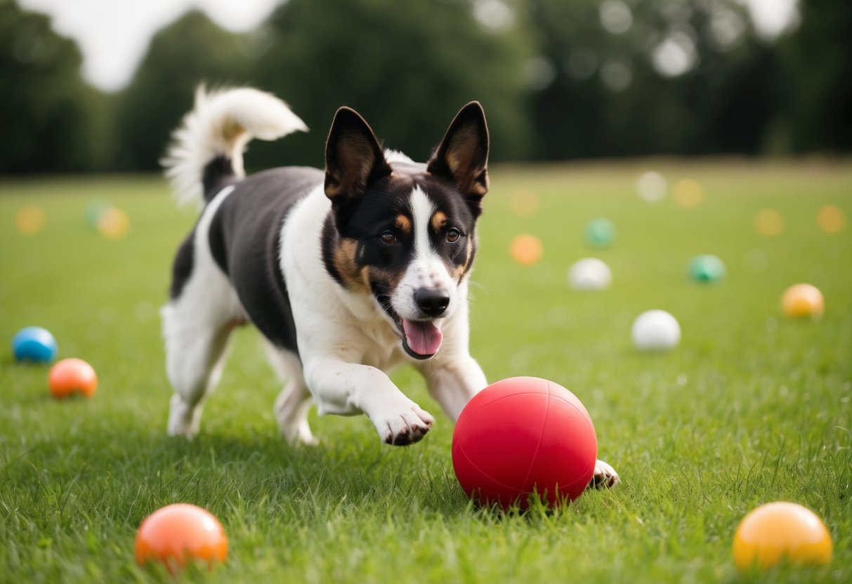 A dog playing in a grassy field with a red ball, surrounded by various colored objects