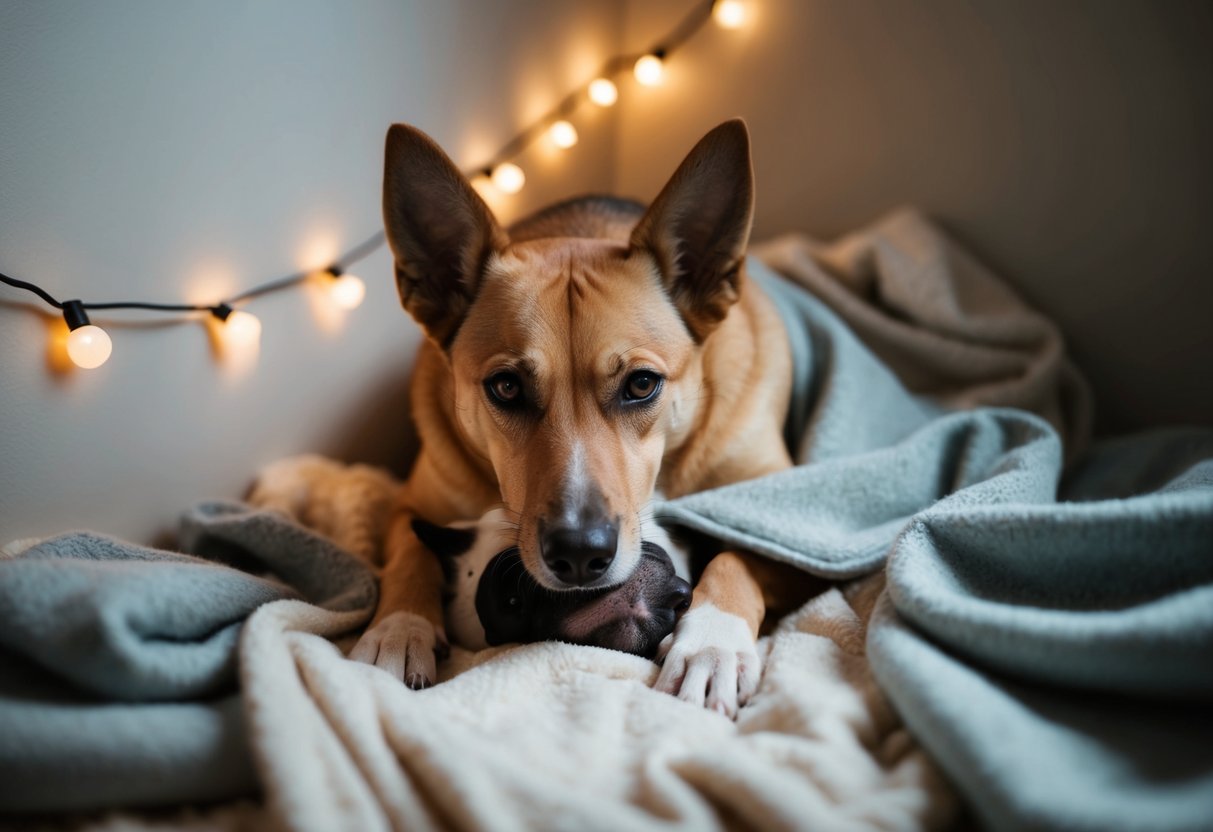 A dog giving birth in a cozy, dimly lit corner of a room, surrounded by soft blankets and gentle lighting