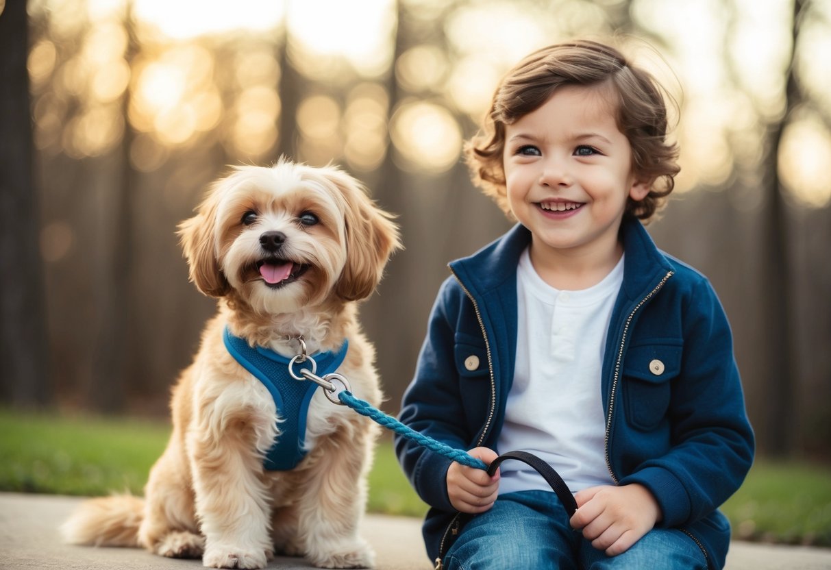 A small, fluffy dog with a wagging tail sits beside a smiling child, who is holding a leash