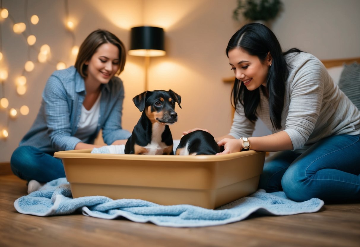 A dog giving birth in a cozy, dimly lit whelping box, surrounded by towels and a watchful, supportive owner