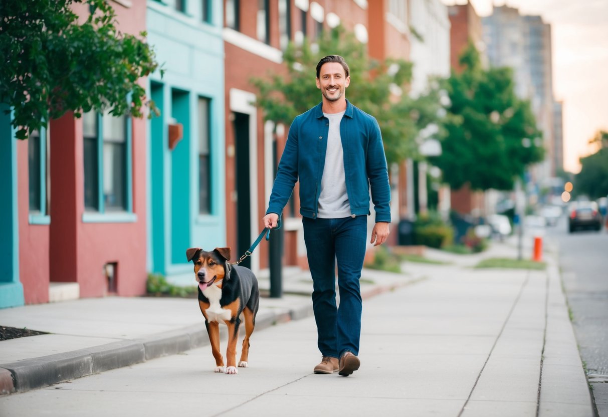 A man walking a male dog in a diverse urban neighborhood