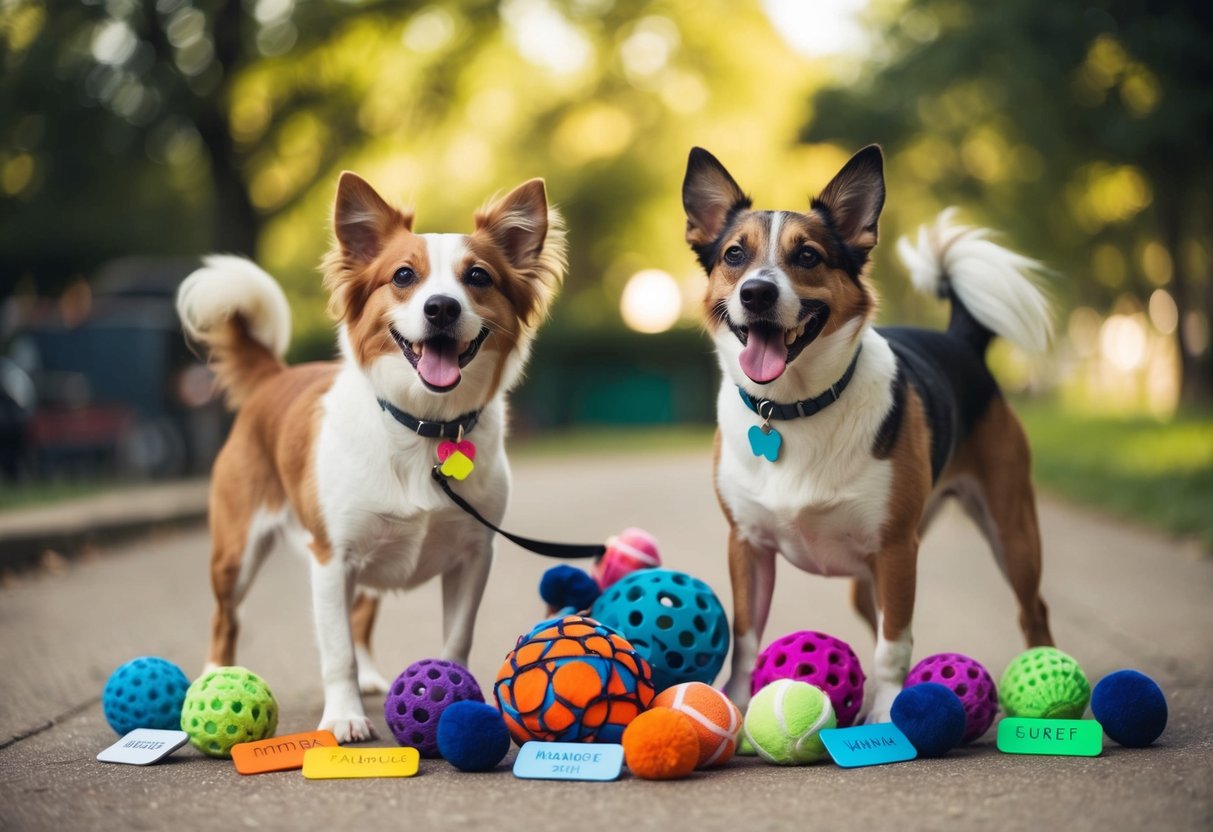 A joyful scene of a female and male pooch wagging their tails, surrounded by colorful name tags and a variety of dog toys