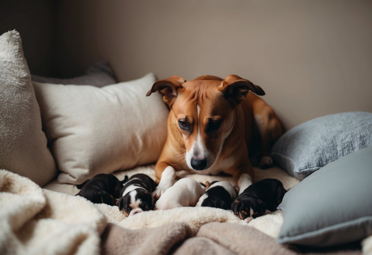 A dog giving birth in a cozy, dimly lit corner of a room, surrounded by soft blankets and pillows. The mother dog is panting and focused, while tiny puppies begin to emerge
