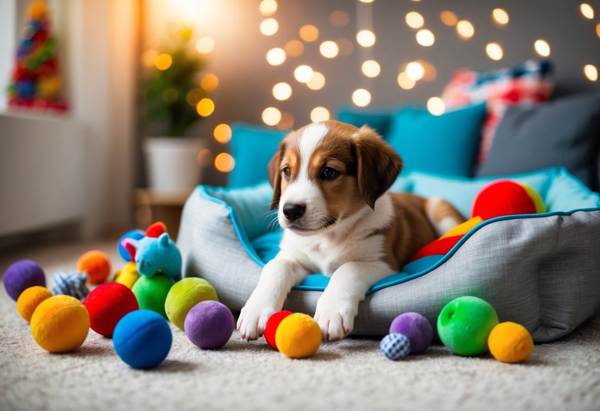 A playful puppy surrounded by colorful toys and a cozy bed