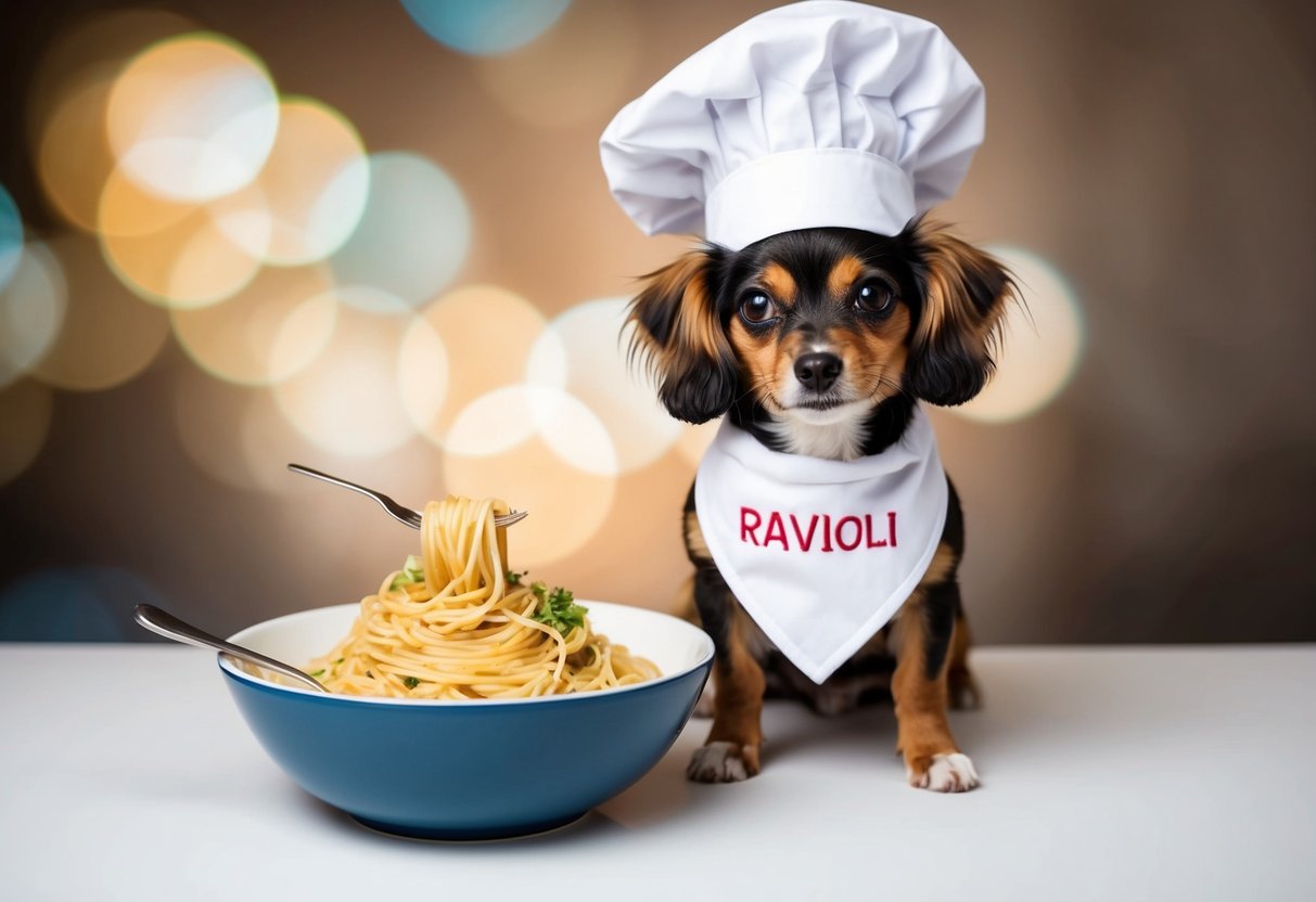 A small dog with floppy ears sits next to a bowl of spaghetti, wearing a chef's hat and a bib with the name "Ravioli" embroidered on it