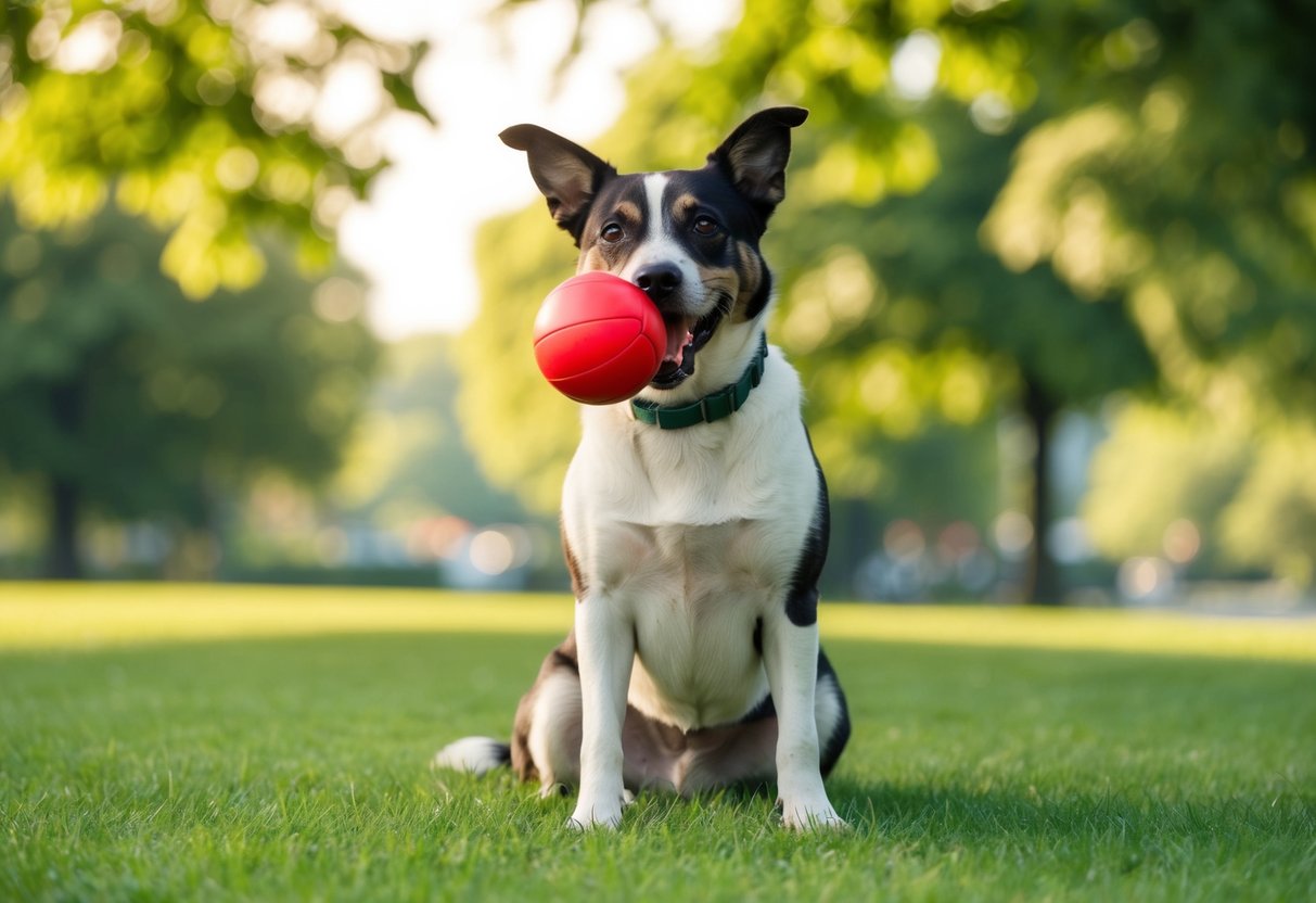 A dog sitting in a green park with a red ball in its mouth