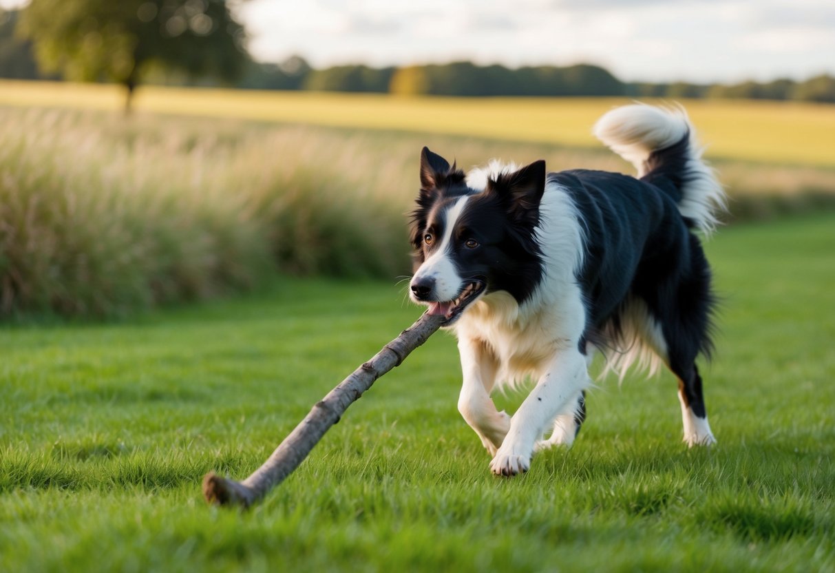A border collie fetching a stick in a lush English countryside
