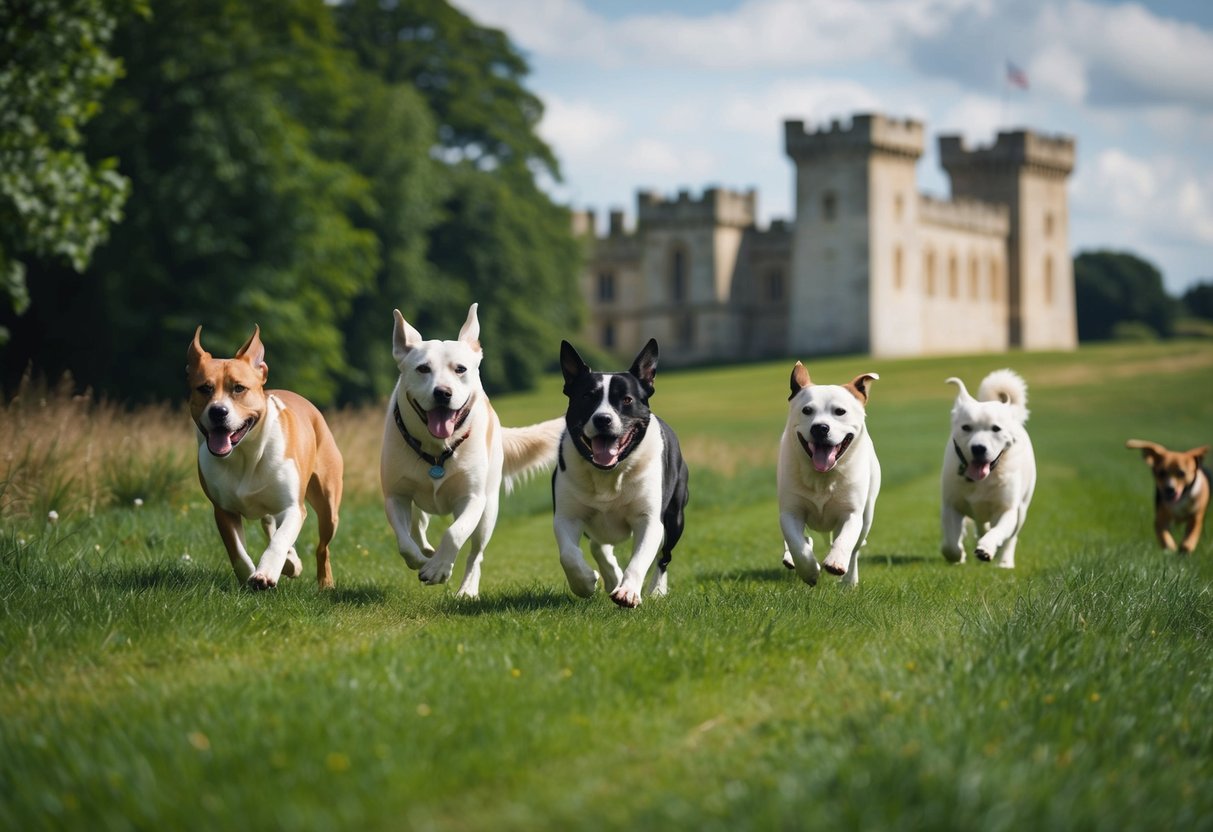 A pack of dogs frolics in a lush British countryside, under the watchful eye of a historic castle