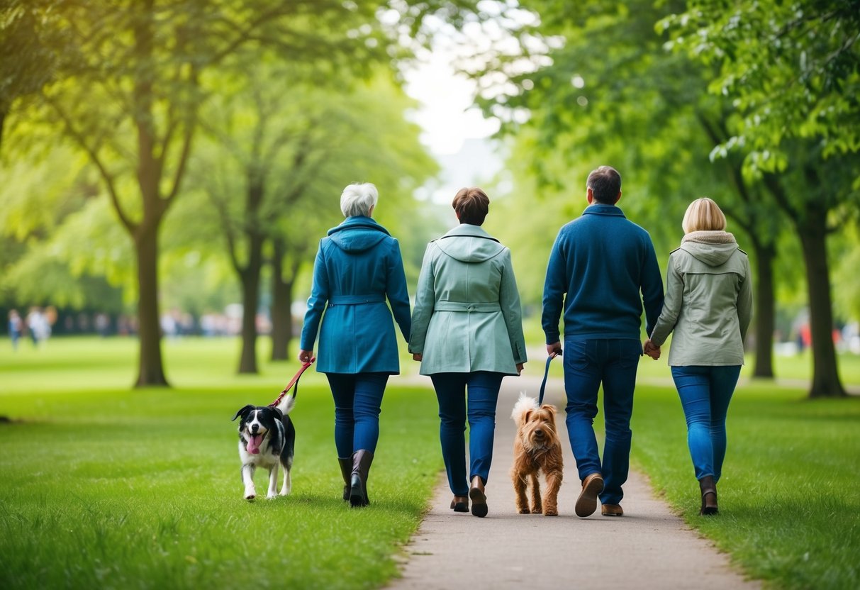 A family walking their dog in a lush green park in the UK