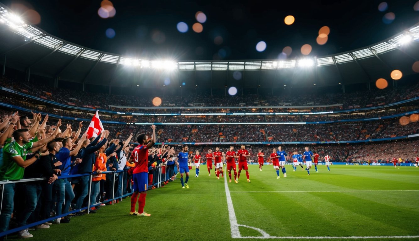 Sebuah stadion sepak bola yang ramai dengan penggemar yang bersorak dan pemain di lapangan