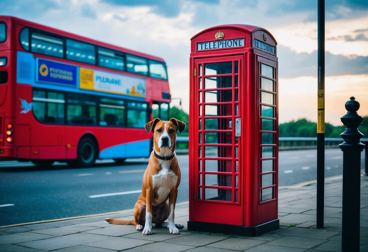 A dog sitting in front of a red telephone booth with a double-decker bus passing by in the background