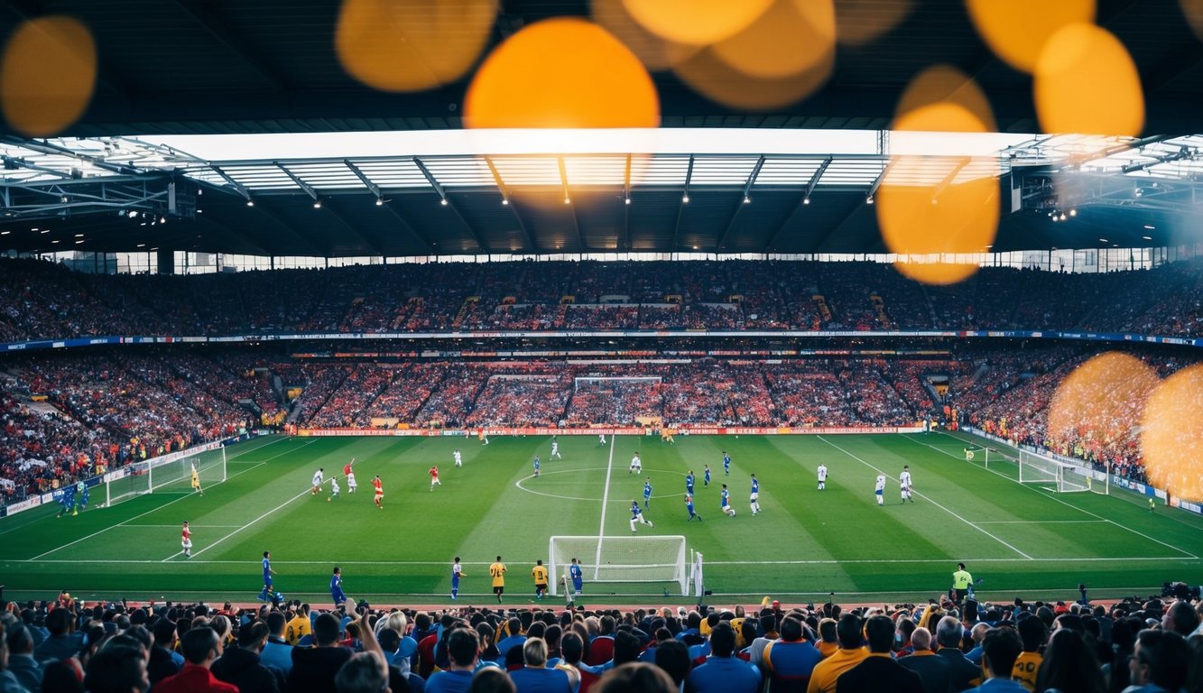 Sebuah stadion sepak bola yang ramai dengan pemain di lapangan dan penggemar bersorak di tribun