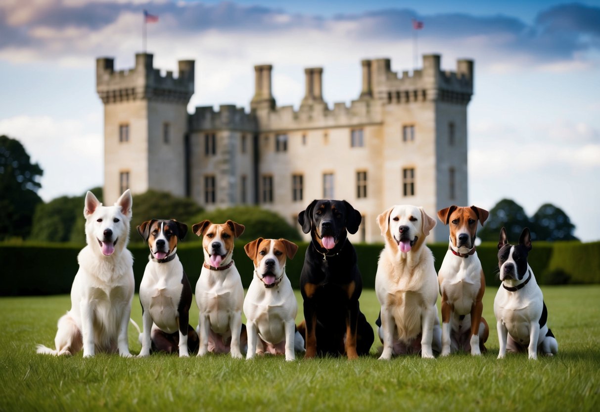 A group of English dog breeds stand proudly in front of a historic English castle, showcasing their unique features and noble history