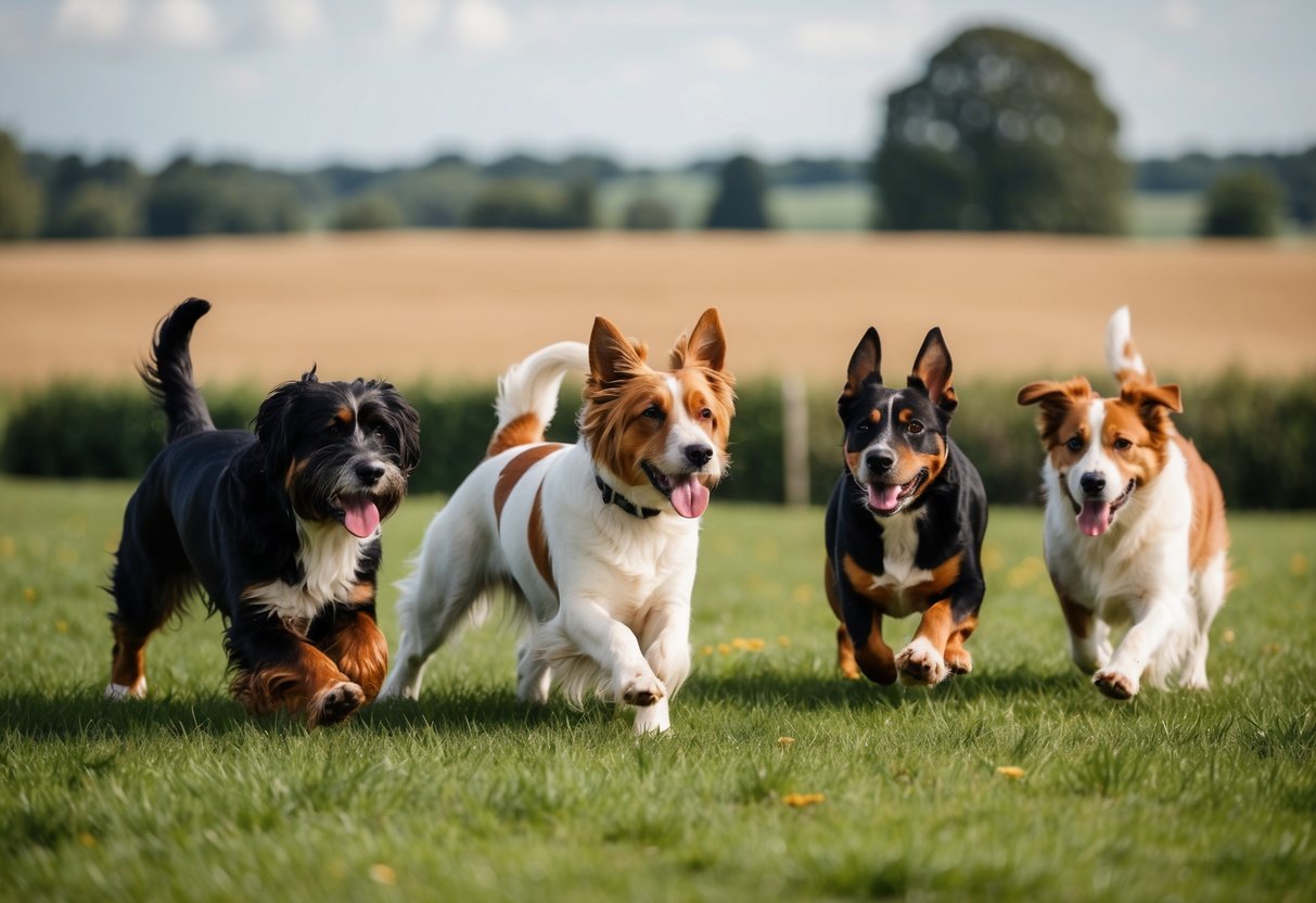 Various popular dog breeds in English regions playing in a countryside setting