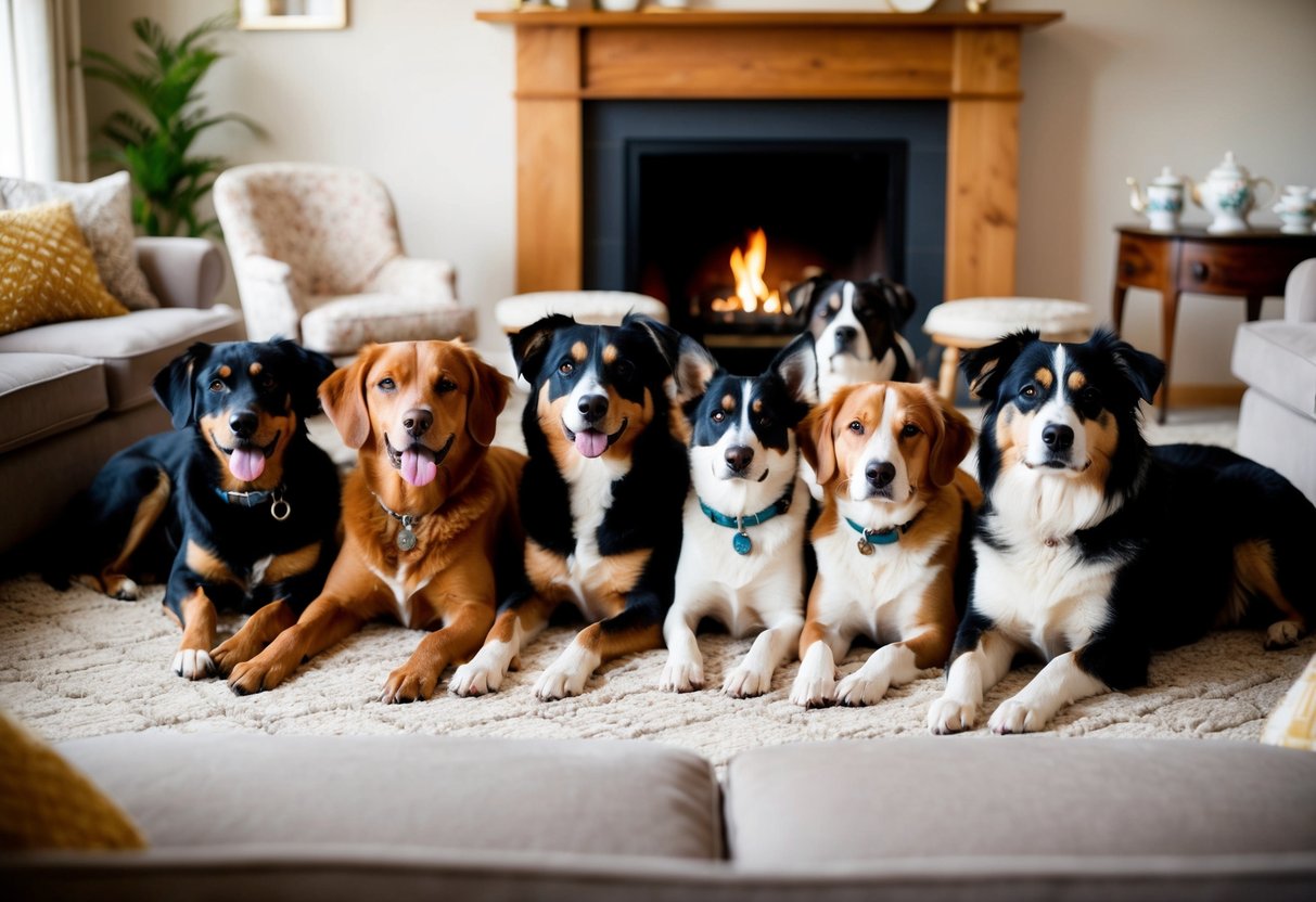 A pack of various breeds of dogs lounging in a cozy living room, with a fireplace and tea set in the background