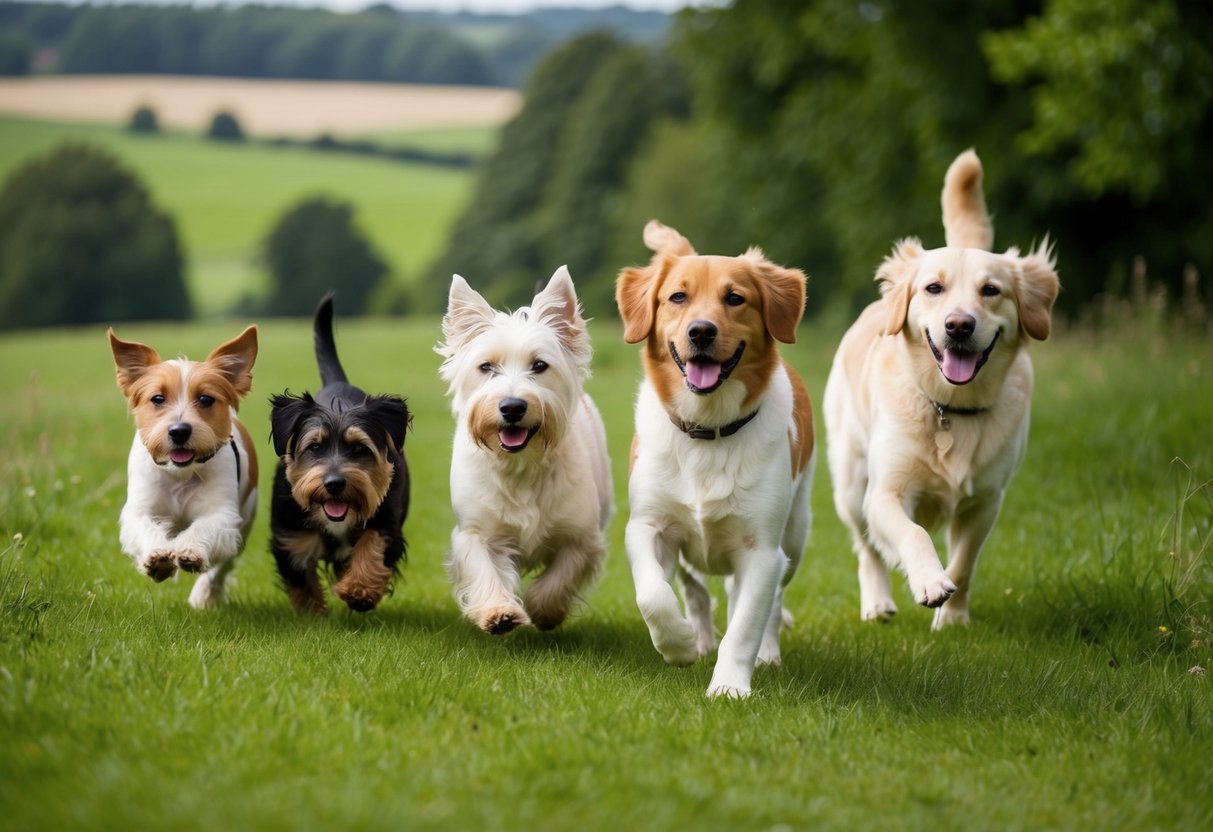 A variety of dogs, from small terriers to large retrievers, playing in a lush English countryside