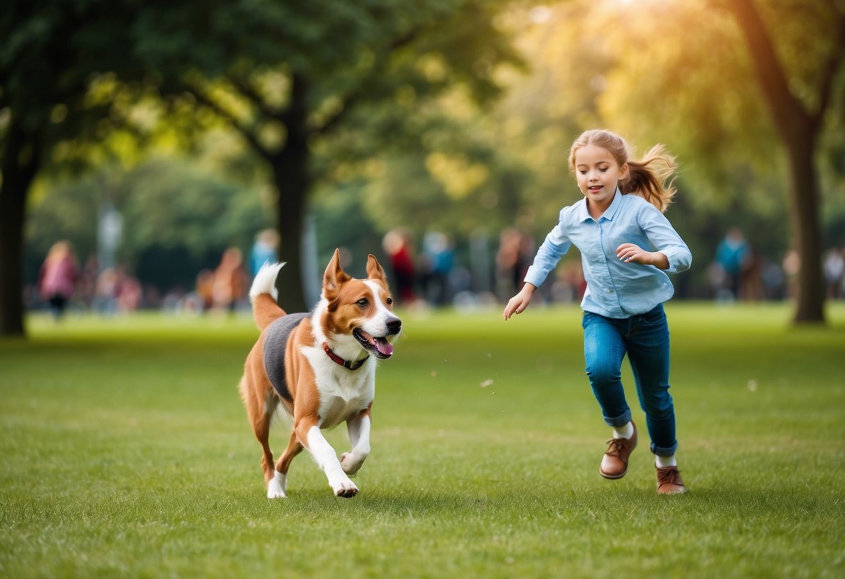 A dog playfully chasing a girl in a park
