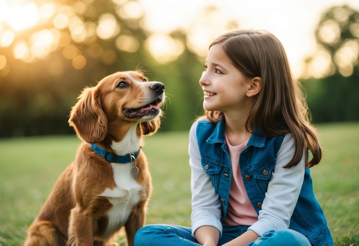 A dog sitting next to a girl, looking up at her with a friendly and attentive expression