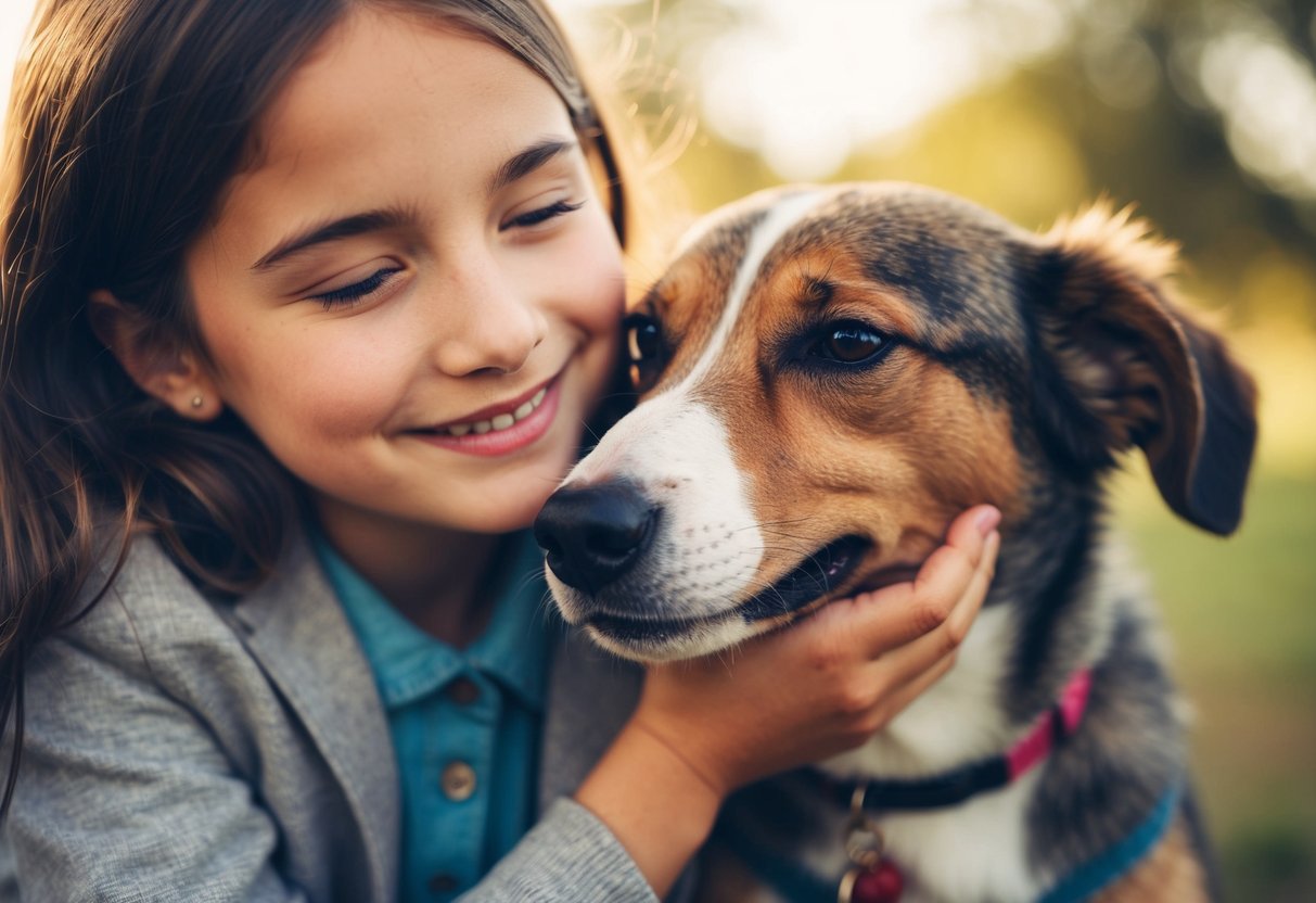 A dog nuzzling a girl's face with affection