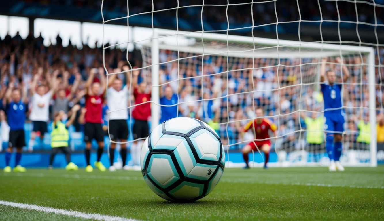 Sebuah bola sepak yang menggulung ke dalam jaring gawang, dikelilingi oleh penggemar yang bersorak di stadion