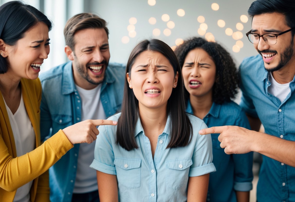 A group of people laughing and pointing at a girl, while she looks confused and uncomfortable