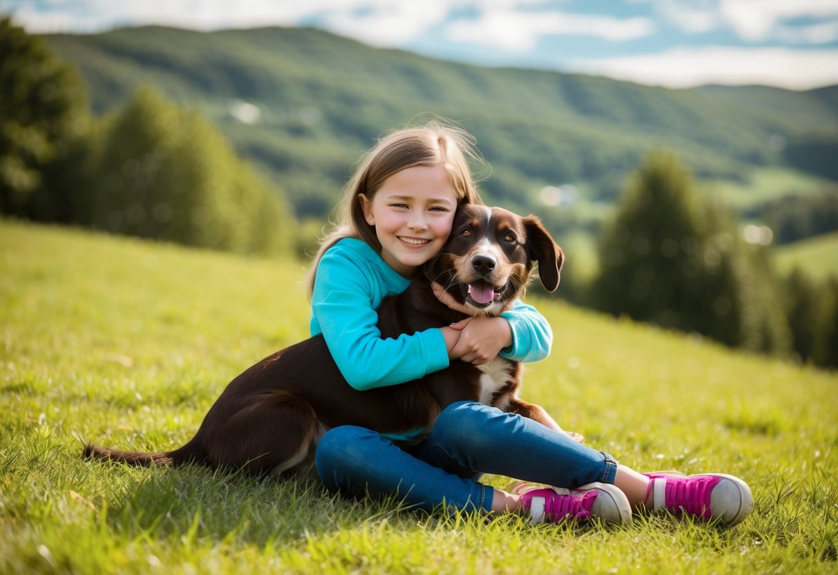 A young girl sitting on a grassy hill, hugging her dog tightly with a big smile on her face as the dog licks her cheek