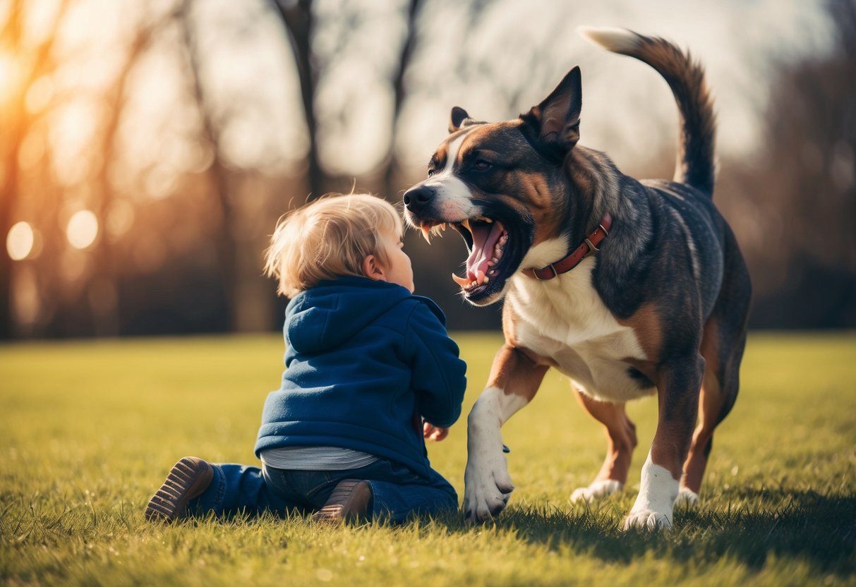 A snarling dog of a commonly aggressive breed lunging at a cowering child