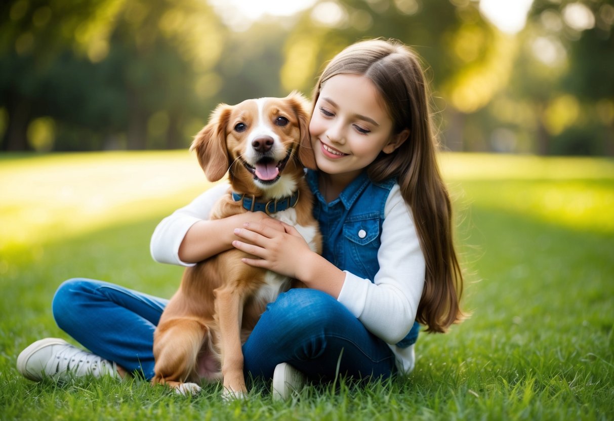 A girl sitting on the grass, hugging her dog with a big smile on her face. The dog is wagging its tail and looking up at her lovingly