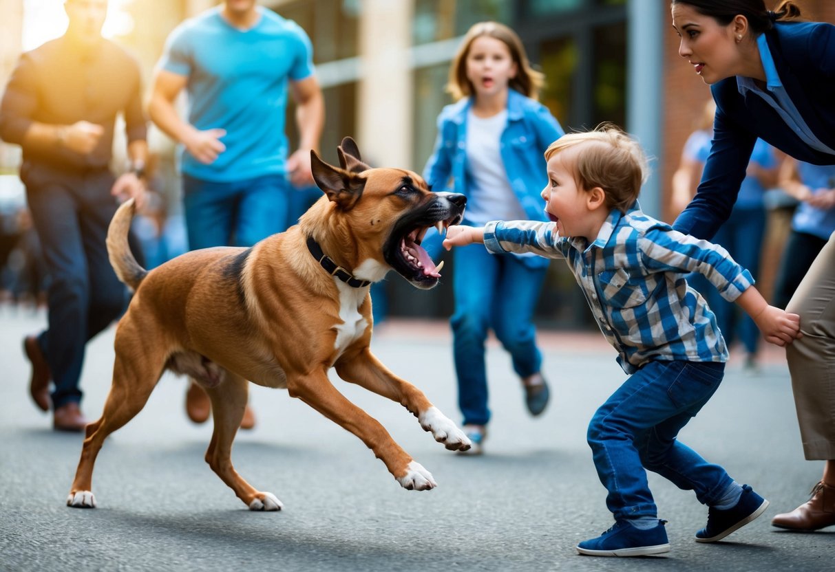 A snarling dog lunges towards a child, teeth bared. The child recoils in fear, while onlookers rush to intervene
