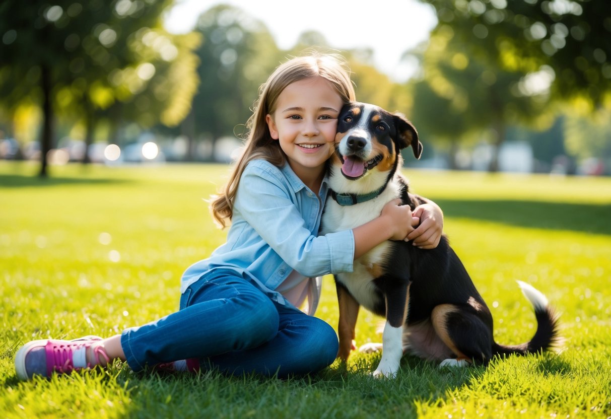 A young girl sitting on the grass, hugging her dog with a big smile on her face as they play together in a sunny park