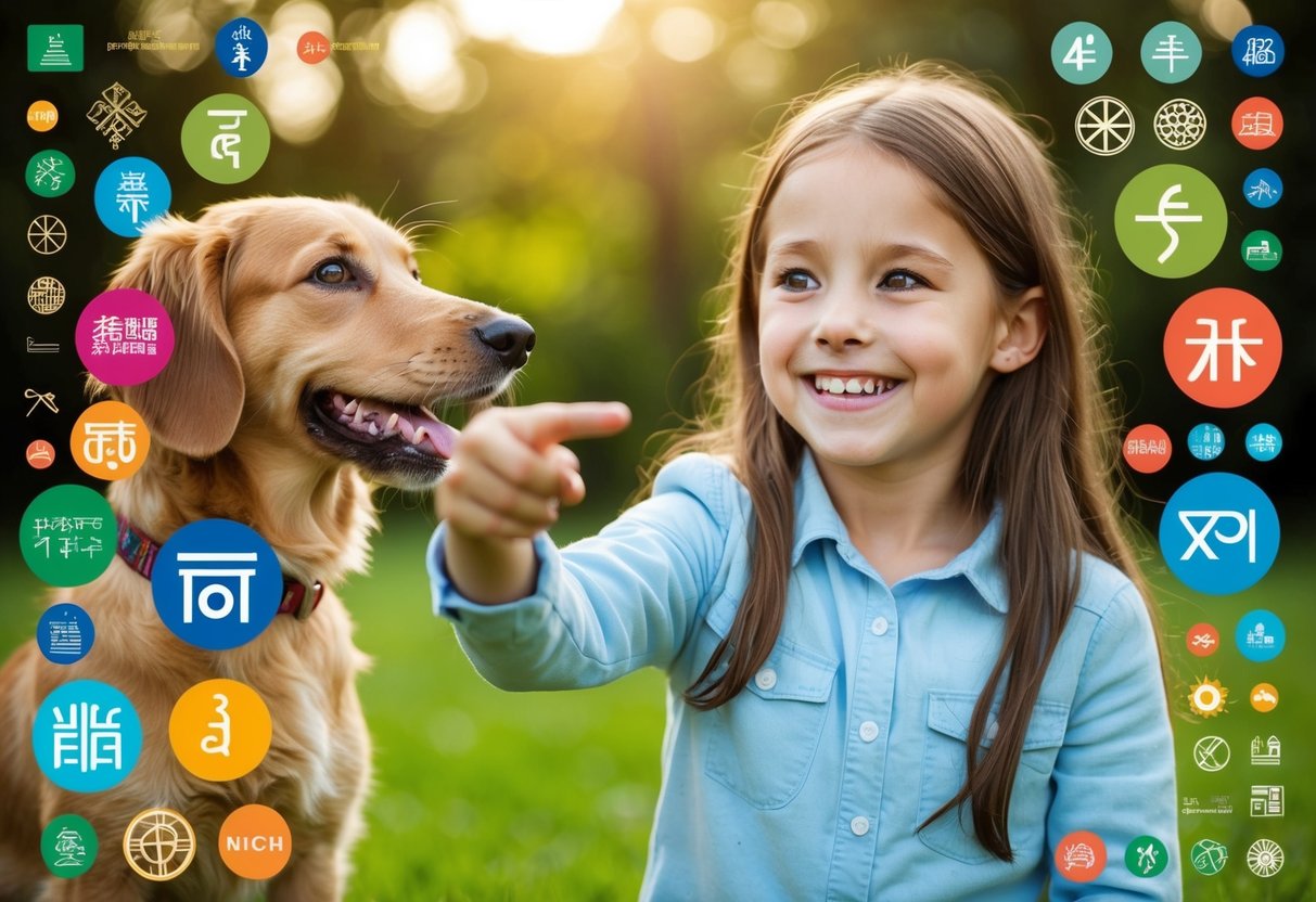 A young girl pointing to a dog while smiling, surrounded by diverse cultural symbols and languages