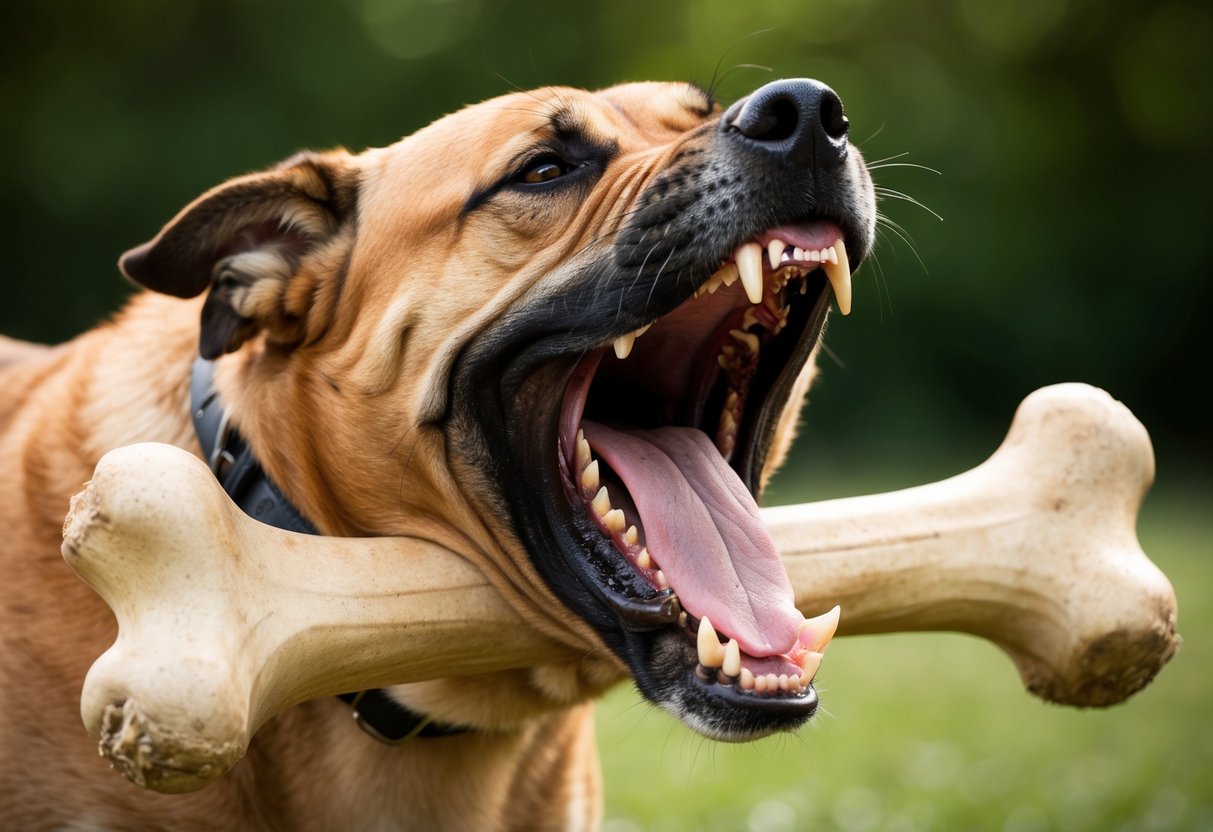 A large, snarling dog with powerful jaws clamps down on a thick bone, showing off its formidable bite strength