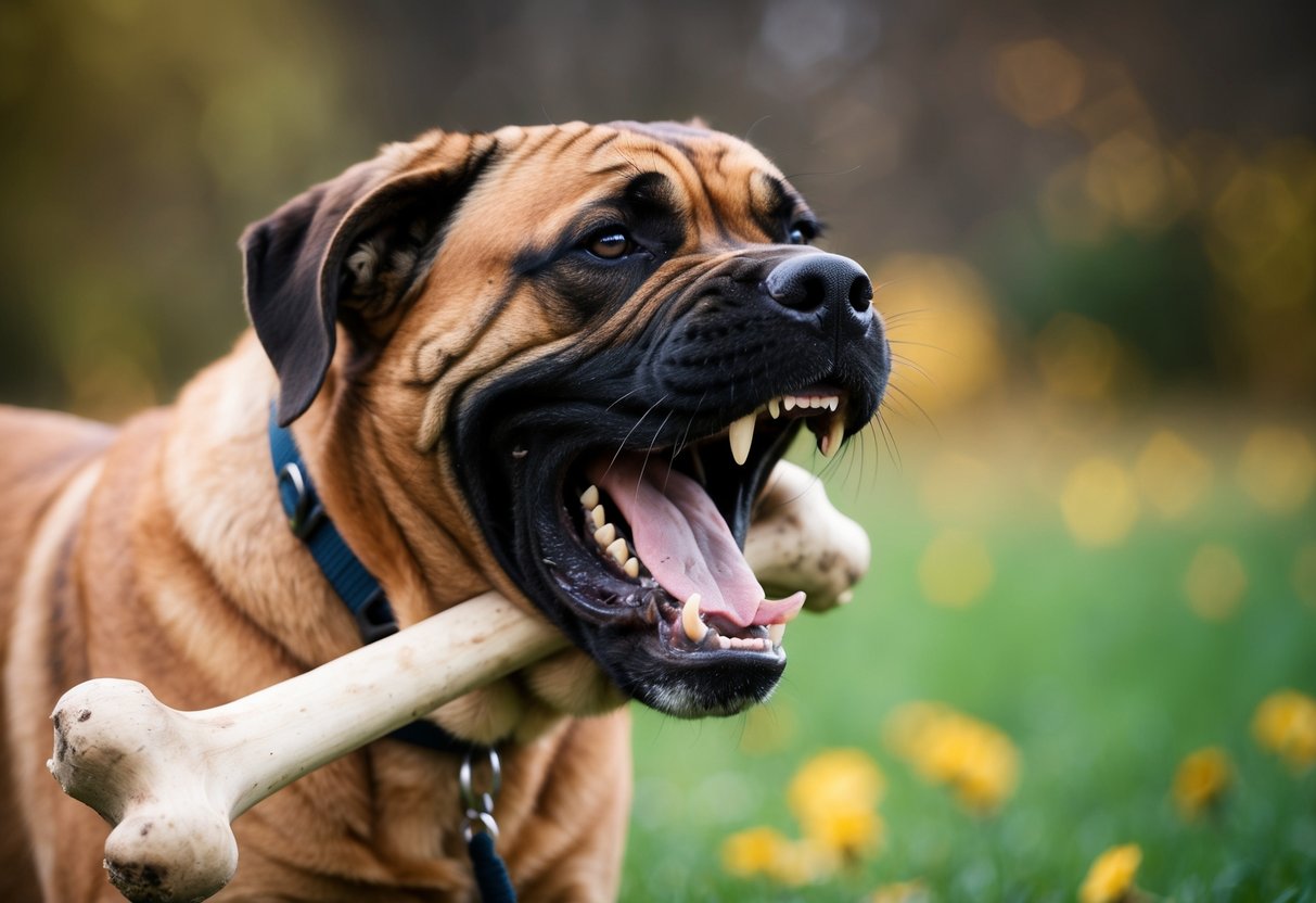A snarling mastiff clamps down on a bone, its powerful jaws showcasing the strength of the breed's bite