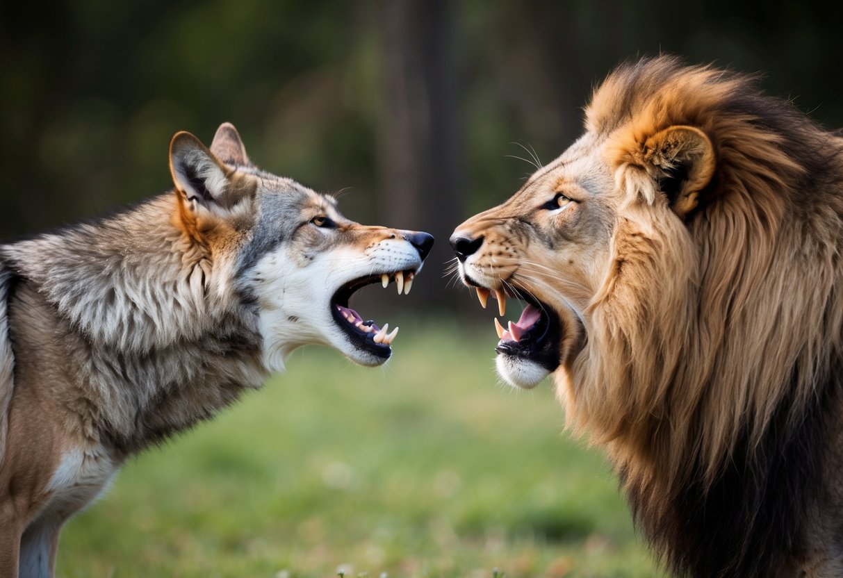 A wolf with bared teeth growling at a lion, showcasing its powerful bite force