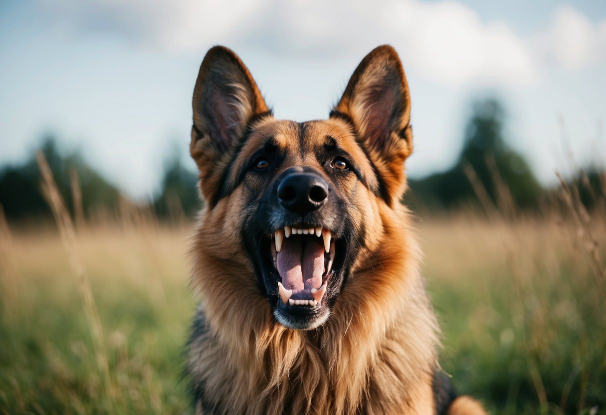 A German Shepherd bites harder than a lion. Illustrate a snarling dog with powerful jaws
