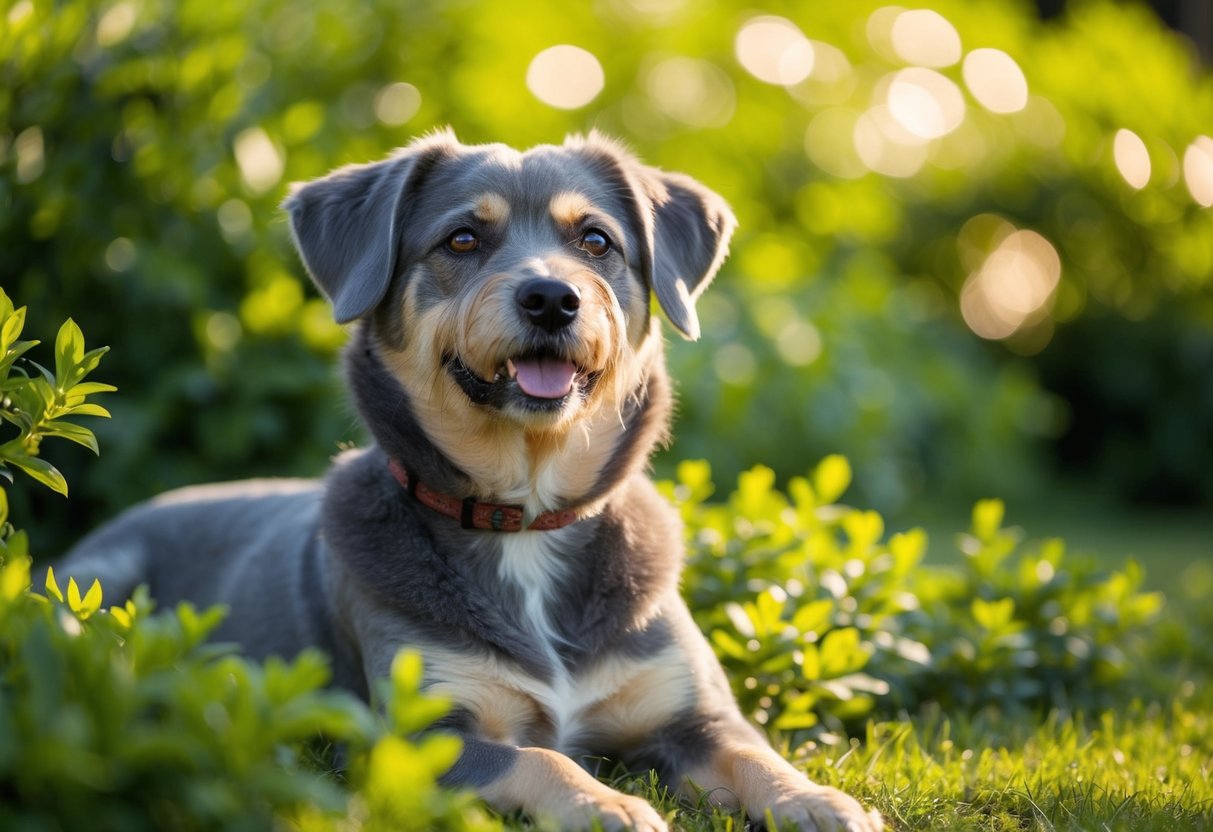 A gray muzzle dog surrounded by greenery, basking in the sunlight