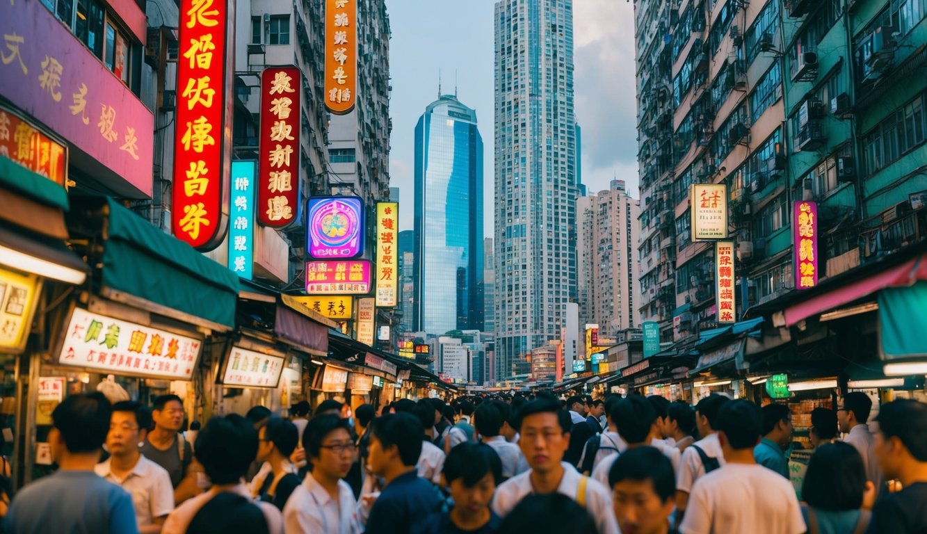 Sebuah jalan yang ramai di Hong Kong, dengan papan neon berwarna-warni dan kios pasar yang padat. Gedung pencakar langit yang tinggi menjulang di latar belakang, menciptakan pemandangan kota yang hidup.