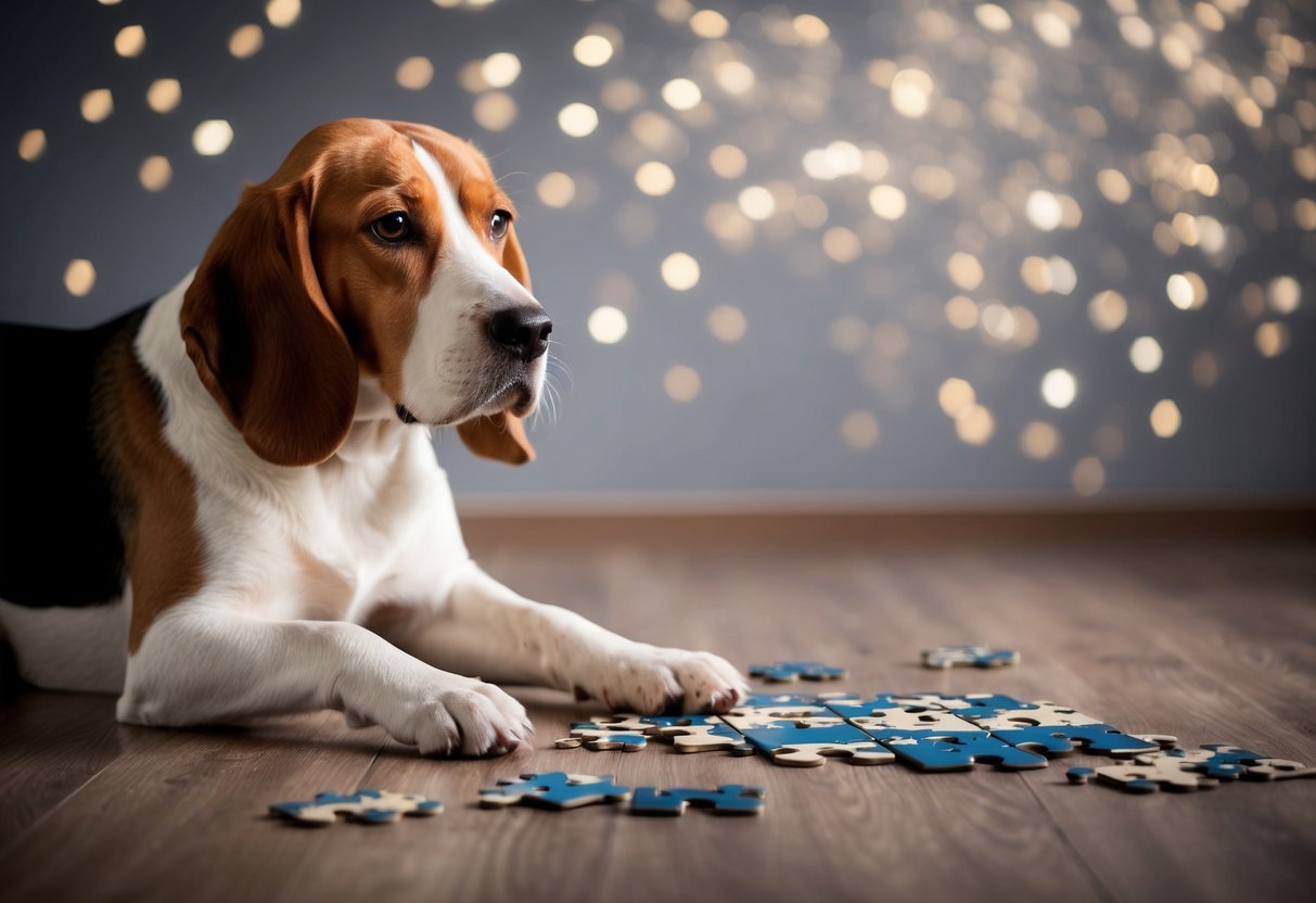 A confused-looking beagle sits next to a knocked-over puzzle, with scattered pieces around it