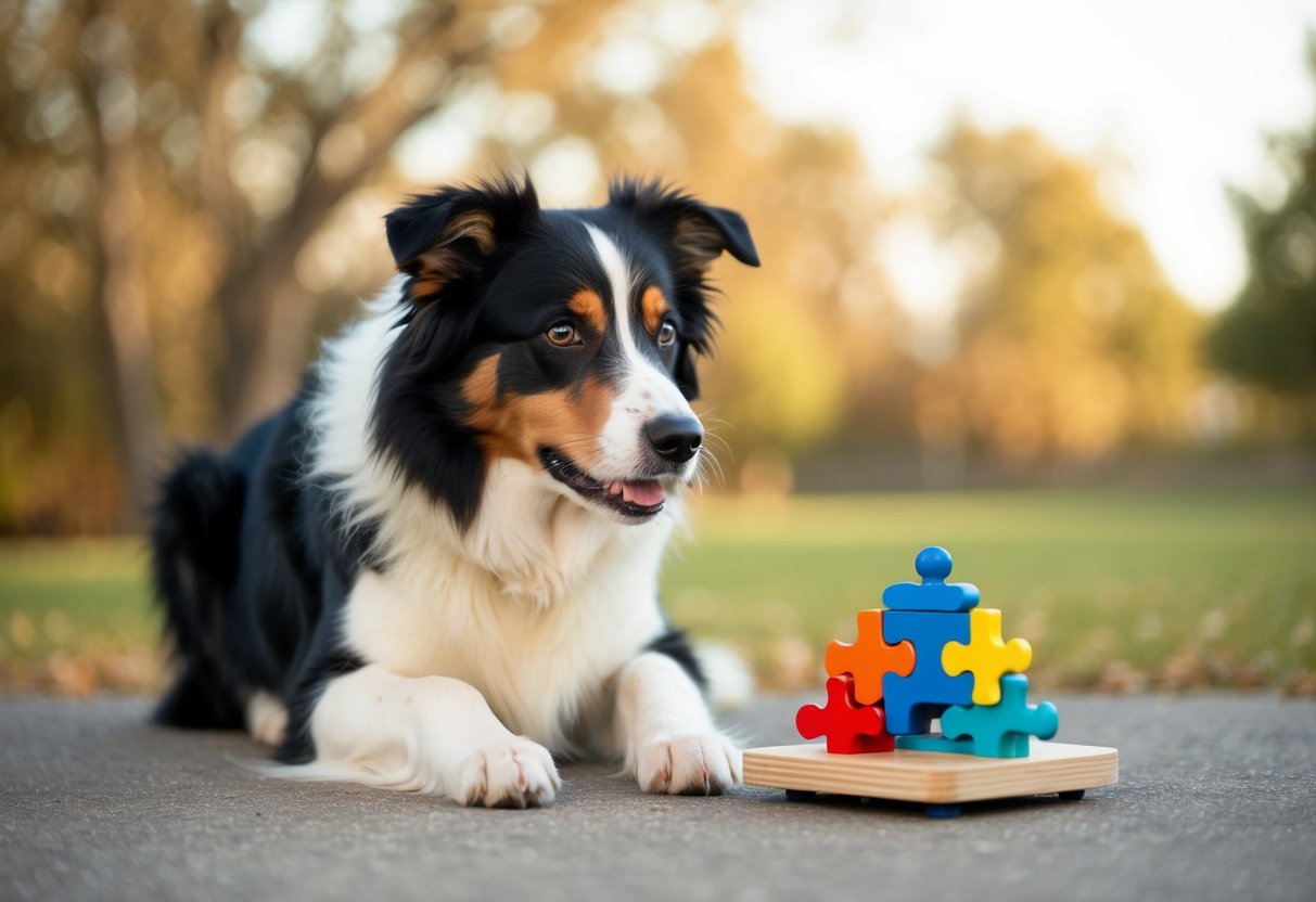 A border collie sits beside a puzzle toy, looking puzzled