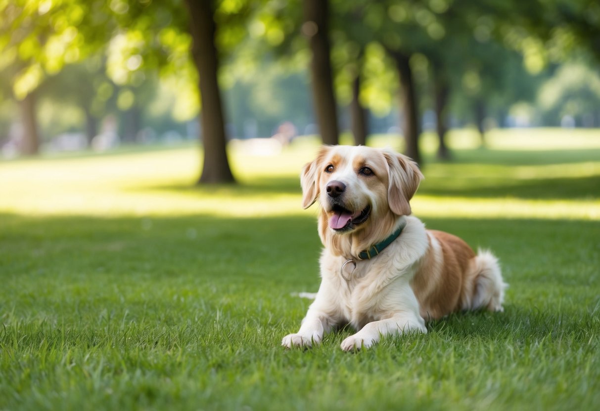 A serene park setting with a content elderly dog of a long-lived breed, surrounded by lush greenery and a peaceful atmosphere