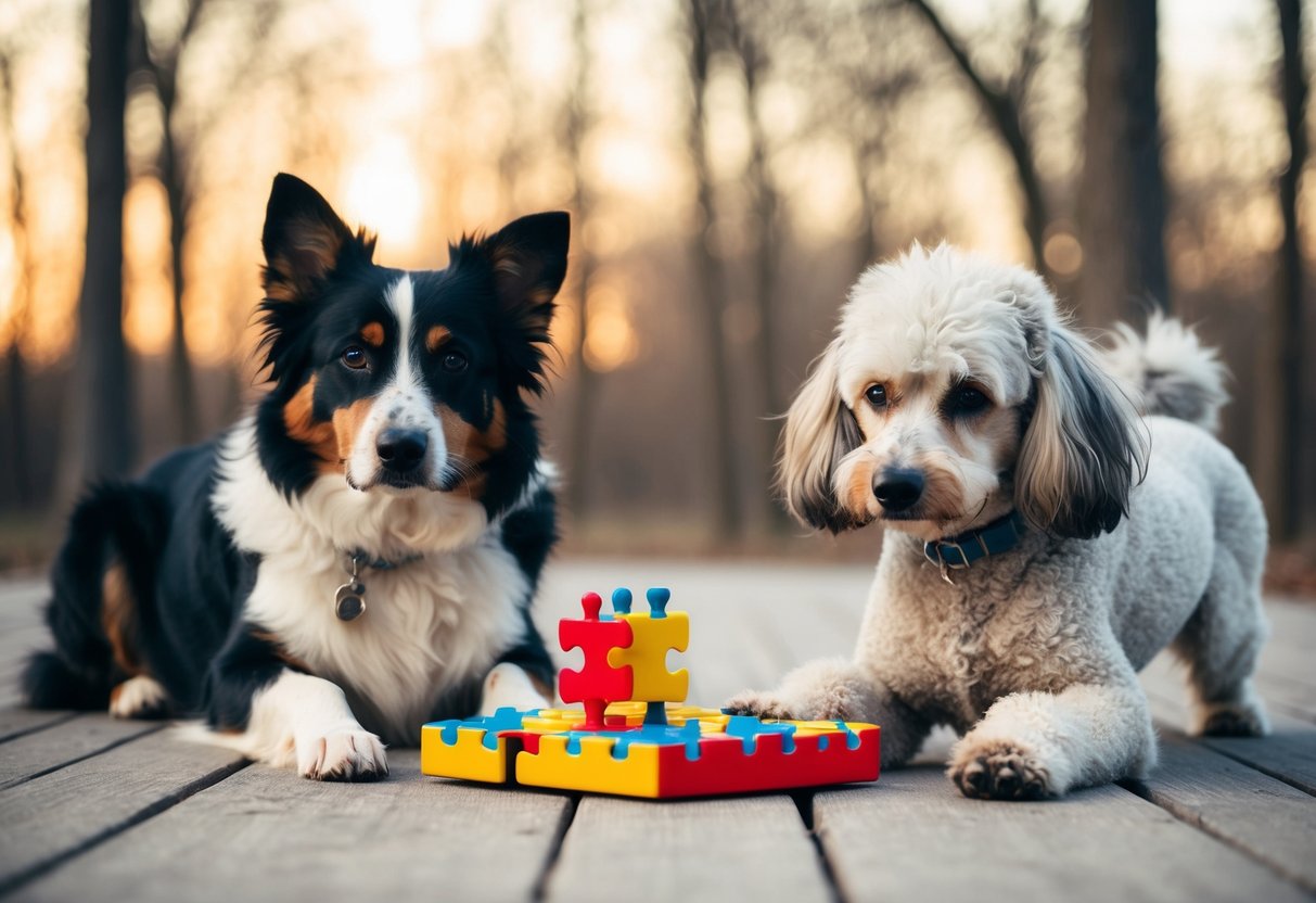 A border collie sits beside a puzzle toy, looking confused, while a poodle confidently solves it