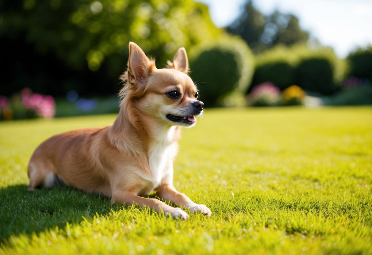 A lively scene of a senior dog of the Chihuahua breed enjoying a sunny day in a peaceful garden