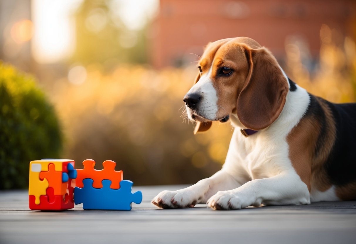 A beagle sits beside a puzzle toy, looking puzzled
